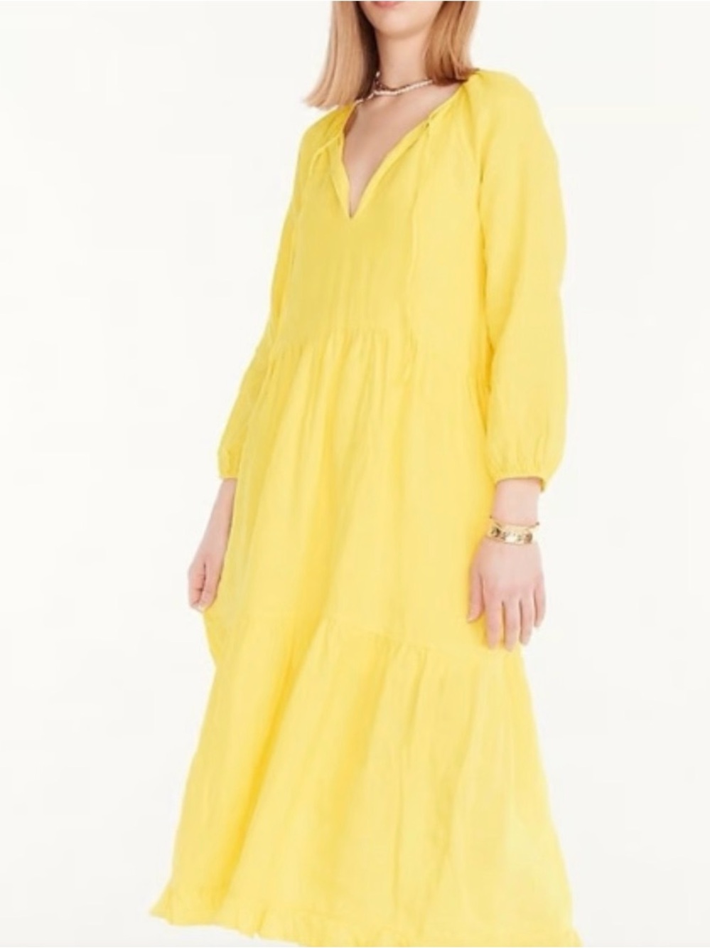 J. Crew Sunny Yellow Tiered Peasant Maxi Dress 100% Linen two pockets